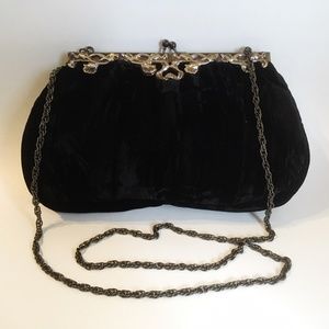 JR Black Velour Evening Shoulder Bag Purse Silver Ornate Metal Chain Vintage